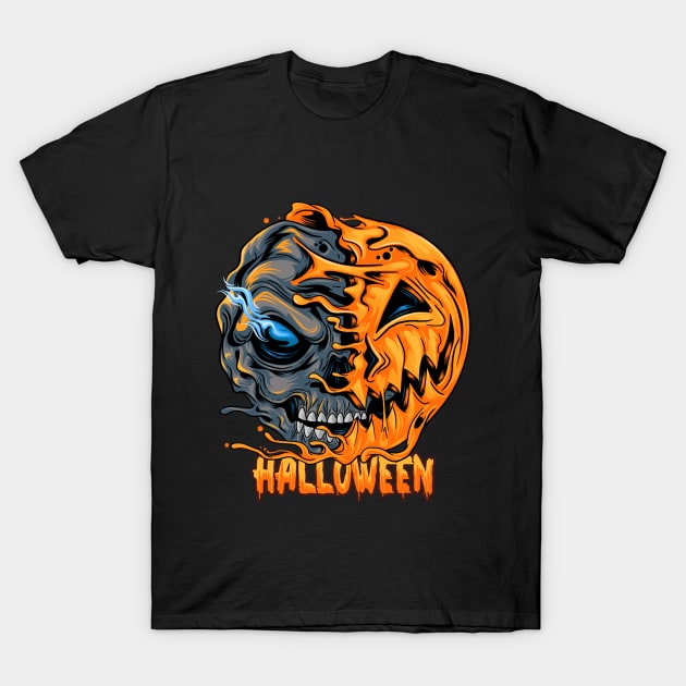 half pumpkin skull scary halloween art T-Shirt by SDxDesigns